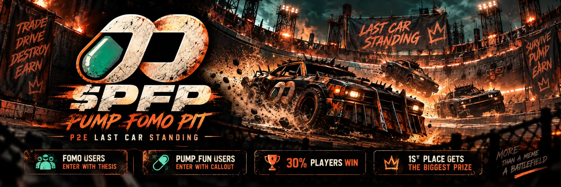 $PFP — Pump Fomo Pit: armored cars battle in a burning arena, last car standing